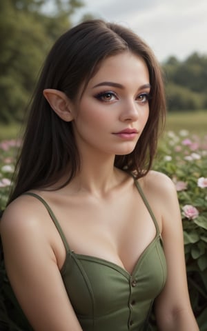 score_9, score_8_up, score_7_up, ultra quality, masterpiece, realistic, (ultra-detailed),(best shadow), (detailed eyes:1.1), 1girl, black hair, brown eyes, outdoors, flower, sitting, upper body, portrait, fantasy style, green dress, elven girl, long pointy ears, solo, OverallDetail