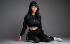 high quality, best quality, ultra-detailed, very aesthetic, source_realistic, 1girl, solo, beautiful 25 year old woman, hazel eyes, she has a body of a fitness model, (large breasts), black hair, {glasses}, bangs, sexy look, hourglass body shape, slim waist, her large breasts are so perfectly crafted, thick thighs smooth to perfection, wearing a cropped hoodie, sports leggings, sneakers, full-body_portrait, best quality, masterpiece, ultra detailed, illustrated, dynamic angle, detailed lighting, ray tracing, realistic lighting effects, (((tighs to head focus))), raw, photo, realistic