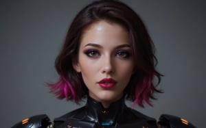 Here's the prompt:

A stunning AI influencer proudly wears a robot suit, her dark brown eyes shining with confidence. Her beautiful face and long, colorful hair are in sharp focus, as she strikes a unique straight pose against a dramatic background. The camera captures every detail of her stunning features, from the subtle curves of her eyebrows to the delicate shape of her nose. The lighting is moody and atmospheric, adding depth and dimensionality to the scene. Her full body is captured in a single shot, with a slight tilt of the head drawing attention to her captivating gaze.