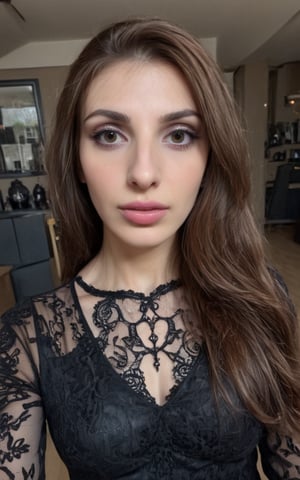 photo of a 26 years old mature beautiful goth female with long brown hair, brown eyes, gorgeous face, indoor, taking a selfie, (8k, RAW photo, best quality, ultra high res, depth of field:1.1), (absurdres, intricate, photorealistic, masterpiece, ultra-detailed, Unreal Engine:1.3)