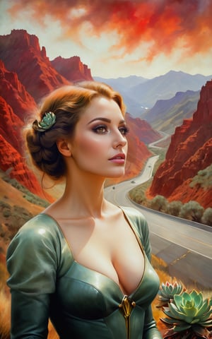 Best quality, masterpiece, realistic, 1girl, dramatic 50s style, epic photo of an elegant woman, landscape of a ([USA|Palikir]:1.3) from inside of a Freeway, it is very Sensual and Delightful, Red mountains with Succulent, Clear skies, detailed, masterpiece, Hopeful, Fauvism, Dramatic spotlight, F/1.8, Film Washi, Encaustic Paint, Impressionism, RTX, adobe lightroom, (magic realism art by Catherine Hyde:1.3) , (Odd Nerdrum:1.0), photo r3al, detailmaster2,