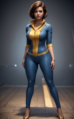 (masterpiece, best quality, realistic), full body, 1girl, (Fallout 4 Vault girl), vault tec, sexy girl, beautiful, short blonde hair, smiling with closed mouth, (body tight jumpsuit), (deep blue jumpsuit with golden details from vault 111) (jumpsuit with long sleaves and zipper, no cutouts, deep blue color), (vault girl), vault 111, ((curvy body)) defined body, good curves, good lighting, very detailed face, eyes highly detailed, fallout
