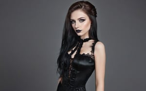 Best quality, masterpiece, (realistic:1.4), 1girl, highly detailed, gothicstyle, very long hair, gothic body, goth makeup, beautiful eyes, bright colors, high contrast, vivid lighting,  brown eyes, gothic, black lips, black nails, clevage, sexy dress, black dress. centered composition, photo r3al, detailmaster2,