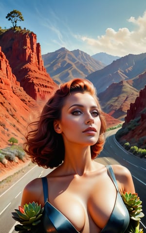 Best quality, masterpiece, realistic, 1girl, dramatic 50s style, epic photo of an elegant woman, landscape of a ([USA|Palikir]:1.3) from inside of a Freeway, it is very Sensual and Delightful, Red mountains with Succulent, Clear skies, detailed, masterpiece, Hopeful, Fauvism, Dramatic spotlight, F/1.8, Film Washi, RTX, adobe lightroom, (magic realism), (Odd Nerdrum:1.0), photo r3al, detailmaster2,