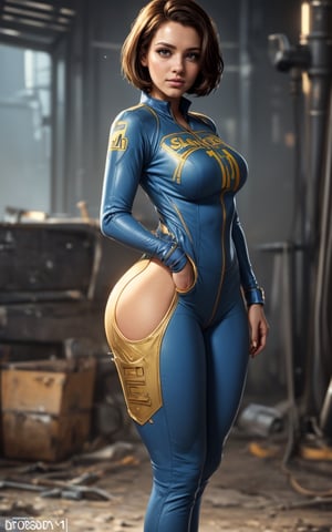 (masterpiece, high quality), full body, 1girl, (Fallout 4 Vault girl), vault tec, sexy girl, beautiful, short blonde hair, smiling with closed mouth, (body tight jumpsuit), (deep blue jumpsuit with golden details from vault 111) (jumpsuit with long sleaves and zipper, deep blue color), (vault girl), vault 111, ((curvy body)) defined body, good curves, good lighting, very detailed face, eyes highly detailed, fallout