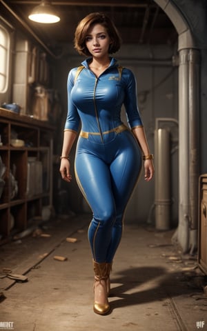 (masterpiece, best quality, realistic), full body, wide shot, 1girl, (Fallout 4 Vault girl), vault tec, sexy girl, beautiful, short blonde hair, smiling with closed mouth, (body tight jumpsuit), (deep blue jumpsuit with golden details from vault 111) (jumpsuit with long sleaves and frontal zipper, no cutouts), combat boots, pipboy on wrist, (vault girl), vault 111, ((curvy body)) defined body, good curves, good lighting, very detailed face, eyes highly detailed, sitting on floor, fallout