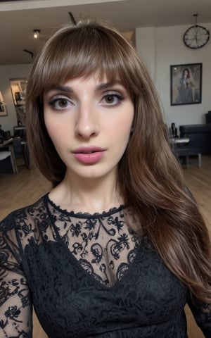 photo of a 26 years old mature beautiful goth female with long brown hair, brown eyes, gorgeous face, indoor, taking a selfie, (8k, RAW photo, best quality, ultra high res, depth of field:1.1), (absurdres, intricate, photorealistic, masterpiece, ultra-detailed, Unreal Engine:1.3)