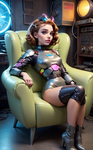 Colorful By herg, n-eeyblch, Dark Photo of Capture the essence of retro-futurism with this intriguing scene: A tattered cyborg humanoid, dressed impeccably in 1950s sexy attire, lounging in a cozy armchair, all while casting a contemplative smile towards the camera. Craft your own narrative inspired by this fusion of vintage style and futuristic technology. Let your imagination take flight in this unique blend of past and future.