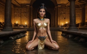 high quality, best quality, ultra-detailed, very aesthetic, source_realistic, 1girl, solo, full body shot, (desirable queen from ancient egypt) young woman, slender build, black hairbun hair, brown eyes, tan skin, egyptian makeup, wearing Linen bandeau top with gold embroidery, linen loincloth, beaded collar necklace, gold anklets with jingling bells, set in ancient egypt era, in Lotus Pond, A serene pond filled with blooming lotus flowers, surrounded by fragrant herbs and reeds, with stone steps leading down for a refreshing dip, and small wooden boats available for leisurely rides, at night, smiling at the viewer, (((tighs to head focus))), raw, photo, realistic