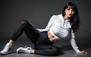 high quality, best quality, ultra-detailed, very aesthetic, source_realistic, 1girl, solo, beautiful 25 year old woman, hazel eyes, she has a body of a fitness model, (large breasts), black hair, {glasses}, bangs, sexy look, hourglass body shape, slim waist, her large breasts are so perfectly crafted, thick thighs smooth to perfection, wearing a cropped hoodie, sports leggings, sneakers, full-body_portrait, best quality, masterpiece, ultra detailed, illustrated, dynamic angle, detailed lighting, ray tracing, realistic lighting effects, (((tighs to head focus))), raw, photo, realistic