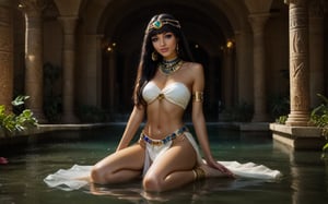 high quality, best quality, ultra-detailed, very aesthetic, source_realistic, 1girl, solo, full body shot, (desirable queen from ancient egypt) young woman, slender build, black long bob hair, bangs, brown eyes, tan skin, egyptian makeup, wearing Linen bandeau top with gold embroidery, linen loincloth, beaded collar necklace, gold anklets with jingling bells, set in ancient egypt era, in Lotus Pond, A serene pond filled with blooming lotus flowers, surrounded by fragrant herbs and reeds, with stone steps leading down for a refreshing dip, and small wooden boats available for leisurely rides, at night, smiling at the viewer, (((tighs to head focus))), raw, photo, realistic