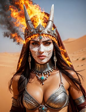 (+18) , NSFW,

A sexy woman desert warrior with Cleavage is chased by the Twareg or Touareg or Tuareg warriors riding camels ,

large Berber ethnic group that principally inhabit the Sahara in a vast area stretching from far southwestern Libya to southern Algeria, Niger, Mali, and Burkina Faso,
The warriors are covering their faces a combined turban and veil, 
Desert of Snow and fire ,
Dynamic picture,
Detailed photography,
Realistic,

,faize, soil element