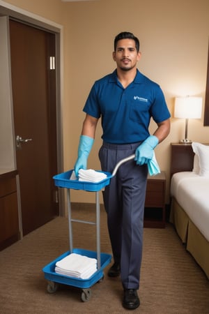 Hotel room service,
Hotel house keeping,
Latino man,
Cleaning man,
Cleaning the room,
Cleaning cart ,
Uniform,

Looking away from the camera,
Full body shot,