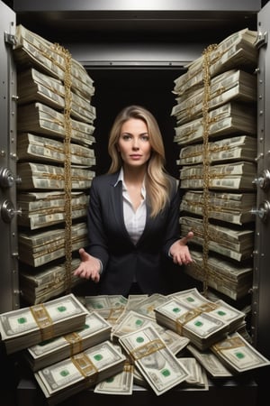 Bank vault,
Open,
Money stackes,
Piles of money,
Millions,
Beautiful Banker woman ,
Tighten Suite,