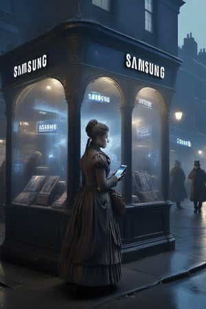 In a parallel world,
18th century victorian england,
Samsung store,
Selling mobile phones ,
Multiple shops,
Shop sign text "Samsung" ,
Busy street ,
Woman carrying a mobile device,
,booth,assassin,night city