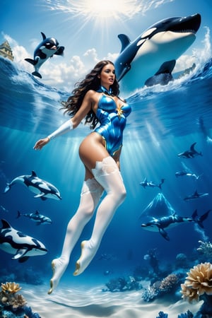(+18) , NSFW  , 
create a photo of a hyperrealistic sexy (flash woman) laying in the ocean wearing white stocking 
and riding a (killer whale orca) in the sky , 
blue color scheme ,
Background: in ocean world with visible The pyramids of Giza in The middle of the ocean,