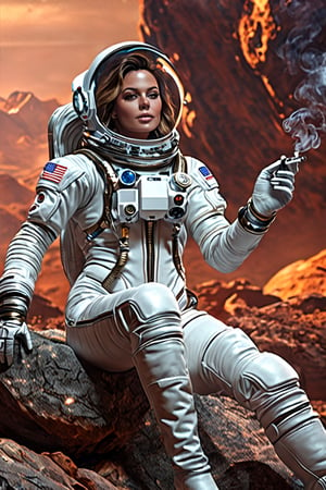 (best quality,4k,highres,masterpiece:1.2),
ultra-detailed,realistic,
photorealistic:1.37,
A sexy female astronaut,
Sexy astronaut outfit,
Sitting on a Rock,
Cleavage,
Large thighs,
Sexy legs,
Open legs,
Leather Thigh high Boots,
Smoking cigarettes,
otherworldly experience,food ,more detail XL