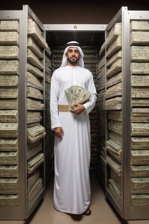 Bank vault,
Open,
Money stackes,
Piles of money,
Millions,
Arab Banker ,
Wearing traditional Arabian dress,
White Long dress,
Traditional Head dress,

Full body shot,