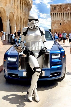(+18) ,
A Sexy female stormtrooper  with her (Rolls Royce phantom) in Italy near The leaning tower of Pisa,

beautiful blue sky with imposing cumulonembus clouds, 
masterpiece, itacstl,real_booster,itacstl,H effect,stormtrooper