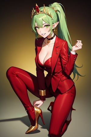 masterpiece, best quality, 1girl, breasts, cleavage, earrings, full_body, gold_choker, green_eyes, green_hair, high_heels, jewelry, long_hair, looking_at_viewer, medium_breasts, parted_lips, pointy_ears, ponytail, red_footwear, red_suit, smile, solo, suit, teeth, tiara, yellow_background