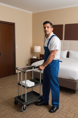 Hotel room service,
Hotel house keeping,
Latino man,
Cleaning man,
Cleaning the room,
Cleaning cart ,
Uniform,

Looking away from the camera,
Full body shot,