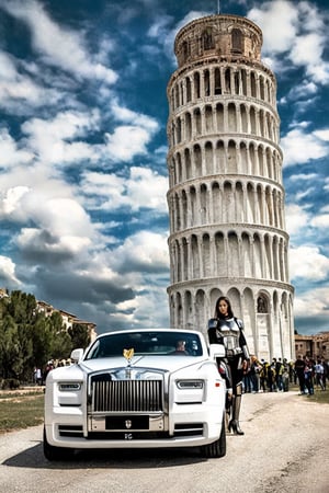 (+18) ,
A Sexy female stormtrooper with her (Rolls Royce phantom) in Italy near The leaning tower of Pisa,
Cleavage,

beautiful blue sky with imposing cumulonembus clouds, 
masterpiece, itacstl,real_booster,itacstl,H effect,stormtrooper