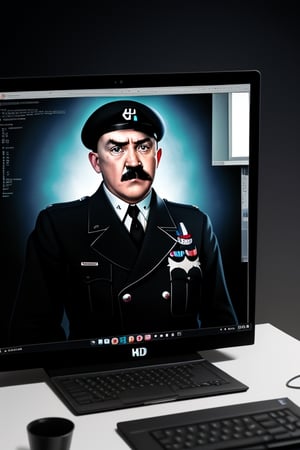 Adolf Hitler, 
,
UHD, absurdres, 
looking at screen, 
desktop computer, 
Apple laptop, 
dark room, 
lit by screen, 
soft glow, 
(gooning), 
sprial on screen,  ,
photorealistic