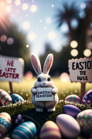 cinematic film still a activist Rabbit rally, protesting against war, 
making a  peace sign, 
holding a sign  text:("10Sor") ,
paws , 
Easter eggs scattered, 
shallow depth of field, 
vignette, highly detailed, high budget, bokeh, cinemascope, moody, epic, gorgeous, film grain, grainy,easter