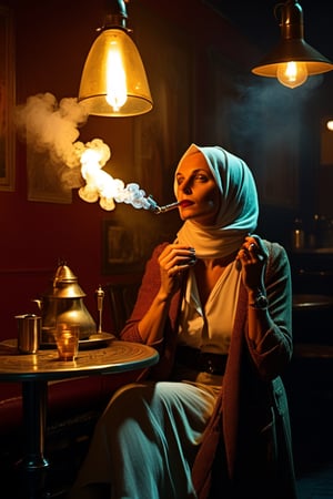 (Cinematic Photo:1.3) of (Ultra detailed:1.3) ,
,
An Arab neighborhood,
Beautiful Sexy woman,
((smoking hookah)) ,
Smoke from hookah,
Hose ,
In an Old Cafe,
Outdoors,
Local street,
Wearing hijab,
Cleavage,
Thighs,
Open front clothing,
Enjoying silent time ,
Quite mood ,
Many women walking around,
,

sunlight, noir lighting dynamic angle incredibly detailed sharpen details professional lighting, 
cinematic lighting, action movie aesthetic,(by Artist Alex Ross:1.3),
(by Artist Coles Phillips:1.3),
(by Artist Jan Urschel:1.3),
Highly Detailed,(Digital Art:1.3),
(Neo-Expressionism:1.3),
(Victorian Gothic Art:1.3),(CineColor:1.3),more detail XL,food 