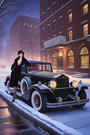 (mafia boss) and his sexy wife in year 1934 , 
1 car,  1930 Cadillac V16 Madame X Sedan Cabriolet,  
,  parked against the background of a Chicago street, 
 
snowy,  night time, 
best quality,  realistic,  
photography,  highly detailed,  
8K,  HDR,  photorealism,  
naturalistic,  realistic,  
raw photo ,
H effect,  ,  ,,rebsonya