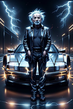 Albert Einstein, 
Standing nearby, 
a DMC DeLorean lightning car, 
Text "10 Sor" ,
Text "Art" ,
street,1 girl