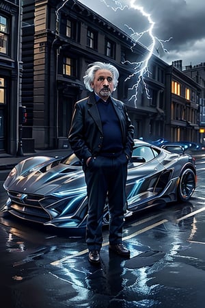 Albert Einstein, 
Standing nearby, 
a lightning car, street