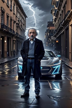 Albert Einstein, 
Standing nearby, 
a lightning car, street