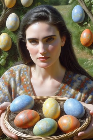A beautiful woman, 
Jennifer connelly face ,
Selling eggs,
Easter celebration, 
resurrection groung festival ,
Easteregg, 
Easter bunny, 
also called Pascha or Resurrection Sunday, 
is a Christian festival and cultural holiday commemorating the resurrection of Jesus from the dead, 
described in the New Testament as having occurred on the third day of his burial,
,#Tensor4rt  ,
,

,digital artwork by Beksinski,egg-art,skswoman