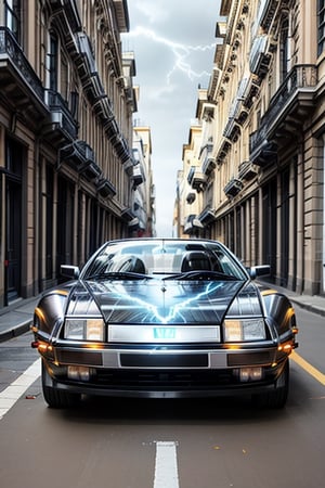 Albert Einstein, 
Standing nearby, 
a DMC DeLorean lightning car, street