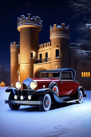 1 car,  1930 Cadillac V16 Madame X Sedan Cabriolet,  
,  parked against the background of a medieval castle,  snowy,  night time, 
 (best quality,  realistic,  photography,  highly detailed,  8K,  HDR,  photorealism,  naturalistic,  realistic,  raw photo),  
H effect,  dragon_h,  itacstl,,,