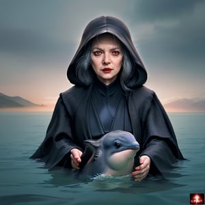 (+18) , nsfw,  
professional candid photo, masterpiece, 
highly detailed, 
hyper realistic,
Emperor Palpatine (aka Darth Sidious) with a dolphin playing into the shallow waters, joyful, ,photo r3al,,sthoutfit,Realism