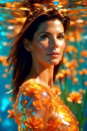 the young sexy Sandra Bullock as water body , nature, subsurface scattering, transparent, translucent skin, glow, bloom, Bioluminescent liquid, 3D style, cyborg style, Movie Still, Leonardo Style, warm color, vibrant, volumetric light,3d,3d style pentagonal face