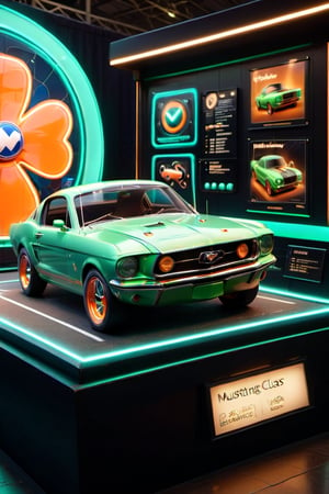 A toy green car, 
a Ford mustang classic ,
Displayed, 
Neon Cloverleaf ,
Orange colour, 
macro shot,c_car,Concept Cars,booth, ,more detail XL,disney pixar style