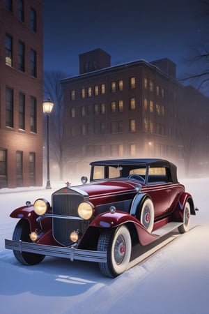 1 car,  1930 Cadillac V16 Madame X Sedan Cabriolet,  
,  parked against the background of a Chicago (mafia boss) in year 1934 ,  
snowy,  night time, 
best quality,  realistic,  
photography,  highly detailed,  
8K,  HDR,  photorealism,  
naturalistic,  realistic,  
raw photo ,
H effect,  ,  ,,