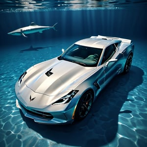 (+18) ,
A sexy woman diver swimming near a Corvette stingray inside a swimming pool under water ,, 

underwater,macro shot,c_car,Concept Cars