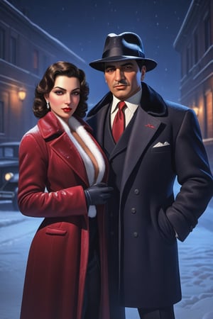 (mafia boss) and his sexy wife in year 1934 , 

snowy,  night time, 
best quality,  realistic,  
photography,  highly detailed,  
8K,  HDR,  photorealism,  
naturalistic,  realistic,  
raw photo ,
H effect,  ,  ,,