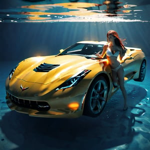 (+18) ,
A sexy woman diver swimming near a Corvette stingray inside a swimming pool under water ,, 

underwater,macro shot,c_car,Concept Cars,booth