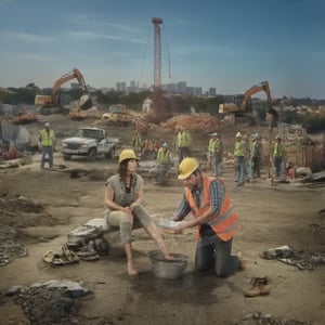 (+18) ,
washing feet,  
1girl,  1boy,  
blonde woman,  
wet see through white sexy mini dress,  
bare feet,  
discarded high heels,  
brunette construction worker,  
holding hard hat,  
high vis vest,  
muscular arms,  
khaki pants,  
on one knee,  
bare feet,  discared boots,  
at constuction site,  
surrounded by hooting and hollering construction workers in hard hats,  
at construction site,  
trucks,  
construction equipment,food ,more detail XL
,
#Chesthole ,
,