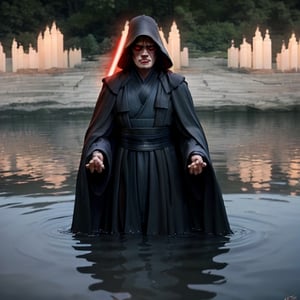 (+18) , nsfw,  
professional candid photo, masterpiece, 
highly detailed, 
hyper realistic,
Emperor Palpatine (aka Darth Sidious) playing into the shallow waters, joyful, ,photo r3al,,sthoutfit,Realism
