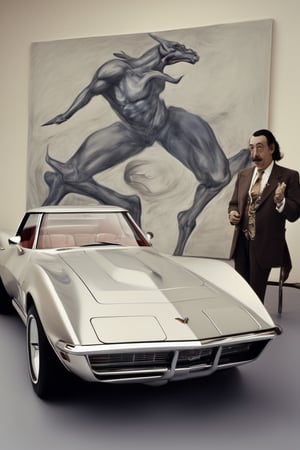 Salvador Dalí ,
Full body shot, 
Drawing a Painting of corvette On a canvas, 
1975 corvette stingray classic Muscle cars ,
fantasy concept,
,
Corvette stingray classic in background, 
,
,realg,more detail XL