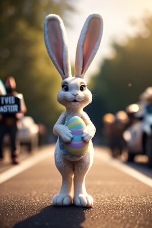 cinematic film still a activist Rabbit rally, protesting against war, 
making a  peace sign, 
holding a sign  text:("Easter") ,
paws , 
Easter eggs scattered, 
shallow depth of field, 
vignette, highly detailed, high budget, bokeh, cinemascope, moody, epic, gorgeous, film grain, grainy