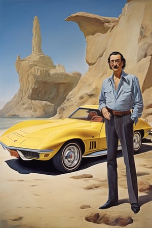 Salvador Dalí ,
Full body shot, 
Drawing a Painting of corvette On a canvas, 
1975 corvette stingray classic Muscle cars ,
fantasy concept,
,
Corvette stingray classic in background, 
,
,realg,more detail XL