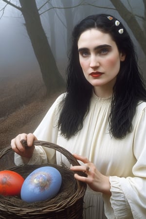 A beautiful gothic woman, 
Jennifer connelly face ,
Selling eggs,
Easter celebration, 
resurrection groung festival ,
Easteregg, 
Easter bunny, 
Black eyeliner, 
Red lipstick, 
also called Pascha or Resurrection Sunday, 
is a Christian festival and cultural holiday commemorating the resurrection of Jesus from the dead, 
described in the New Testament as having occurred on the third day of his burial,
,#Tensor4rt  ,
,

,digital artwork by Beksinski,egg-art,skswoman