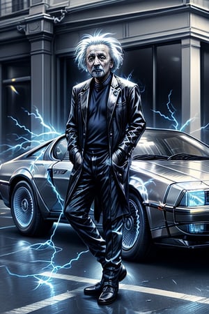 Albert Einstein, 
Standing nearby, 
a DMC DeLorean lightning car, 
Text "10 Sor" ,
Text "Art" ,
street,1 girl